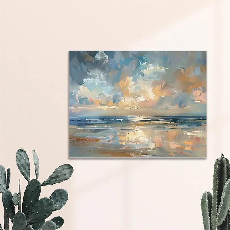 Abstract Seascape Canvas Wall Art, Sunset Oil Painting with Wooden Frame