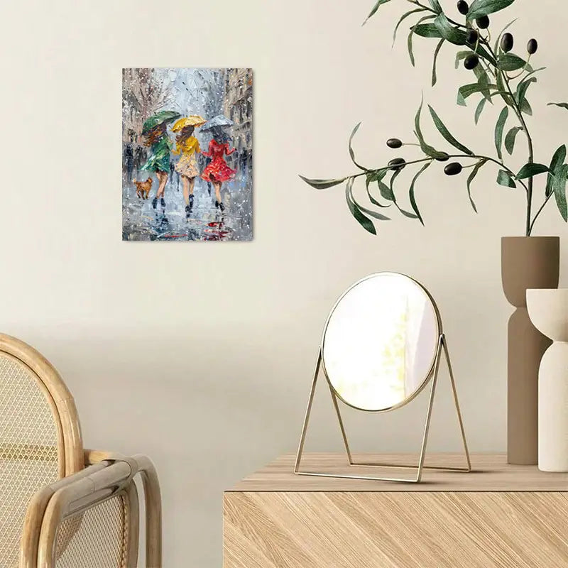 'Three Women Dancing in the Rain' - 11.8x15.7 Inches, Vibrant Oil Painting Style, Umbrella &amp; Dog Accents