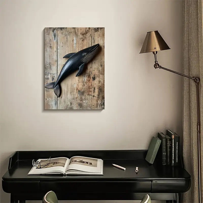 Rustic Wooden Black Whale Canvas Art Print