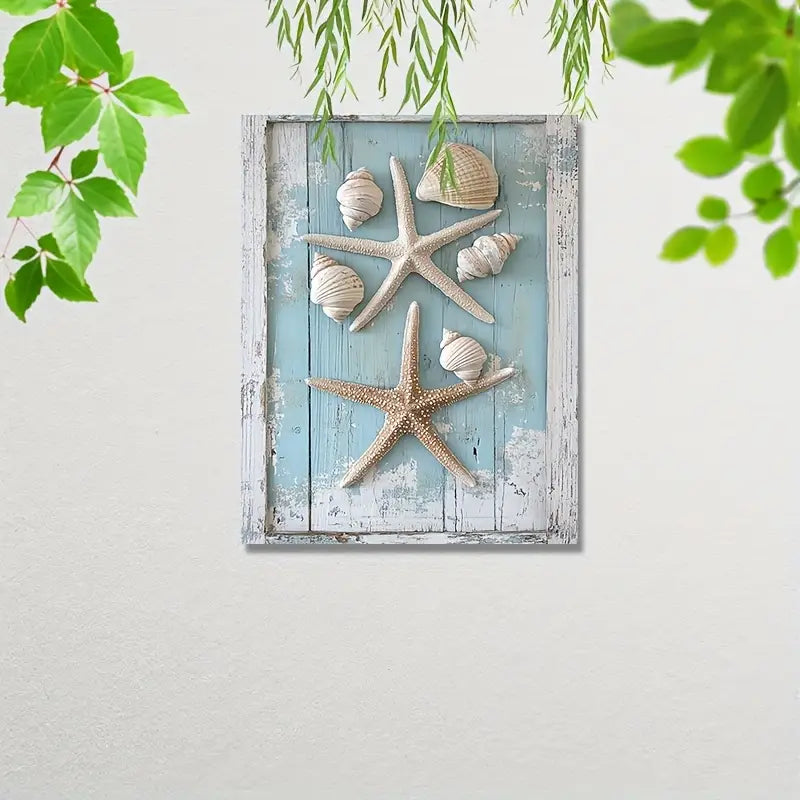 Themed Artwork Featuring Starfish And Shells Set Against a Light Blue,12*16 Inches