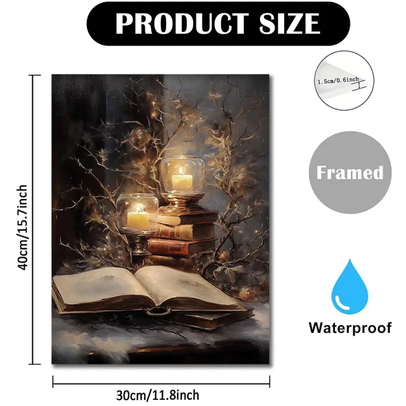 "Winter Book Christmas" Oil Painting with Candles, Books, and Snowy Branches, 11.8x15.7 Inches