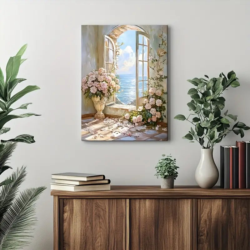 Romantic Seaside Scene with Pink Roses and Ocean View, 12x16 Inch