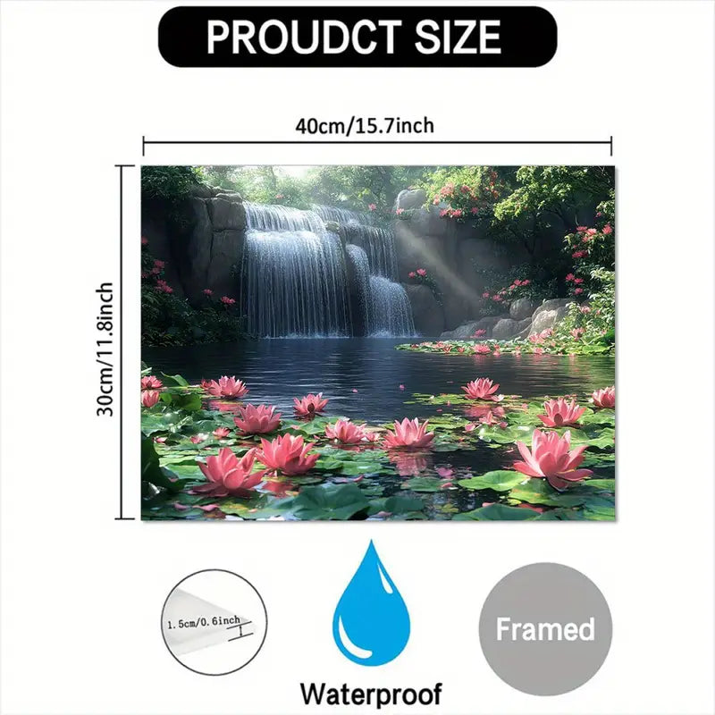 Tranquil Lily Pond Canvas Art with Waterfall and Pink for Lotus