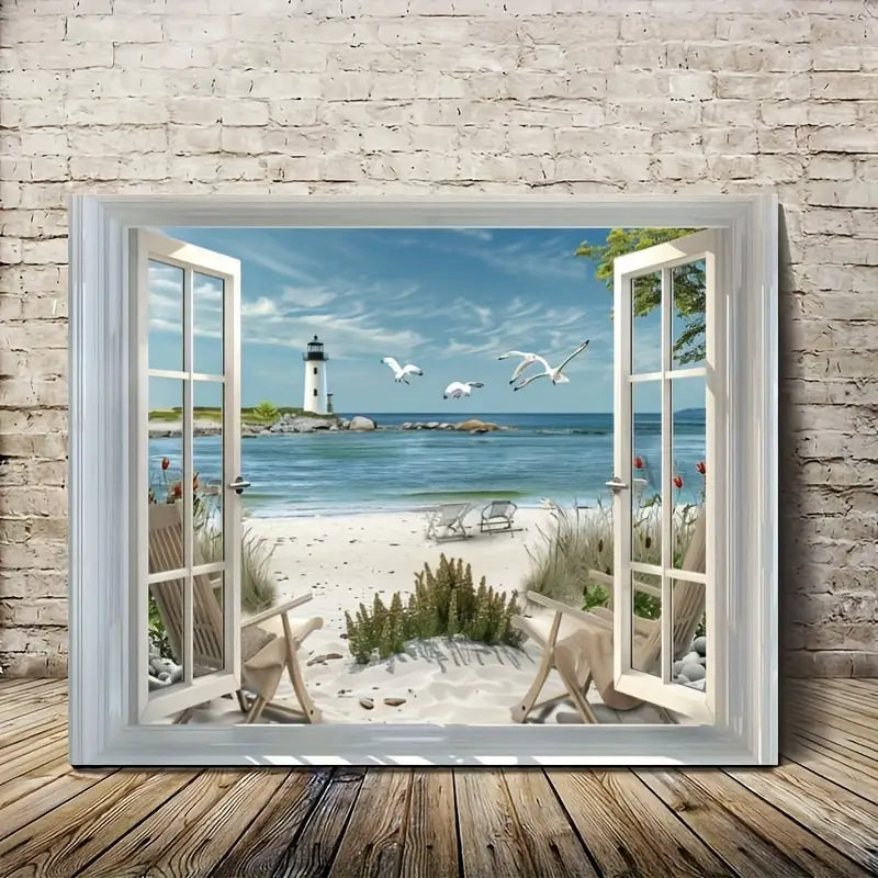 eagulls And Chairs - Framed Seaside Landscape Print