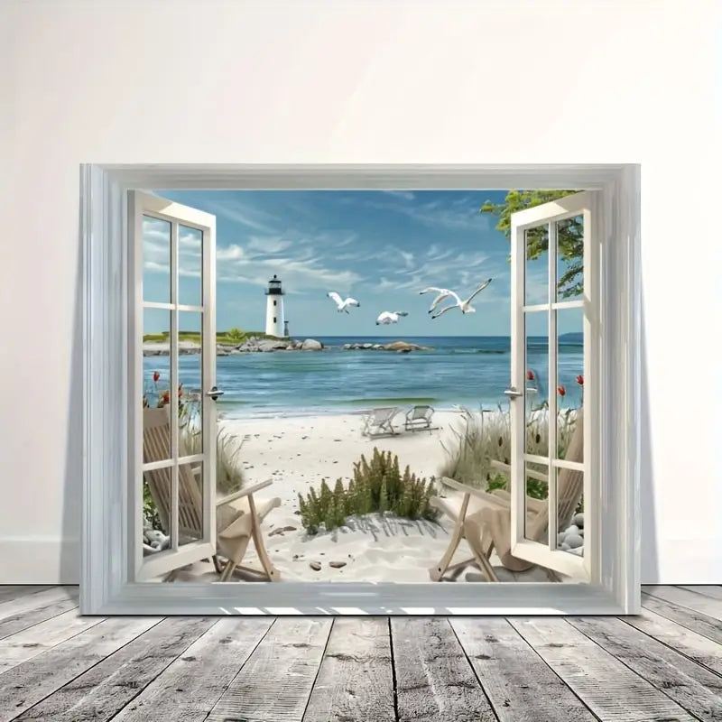eagulls And Chairs - Framed Seaside Landscape Print