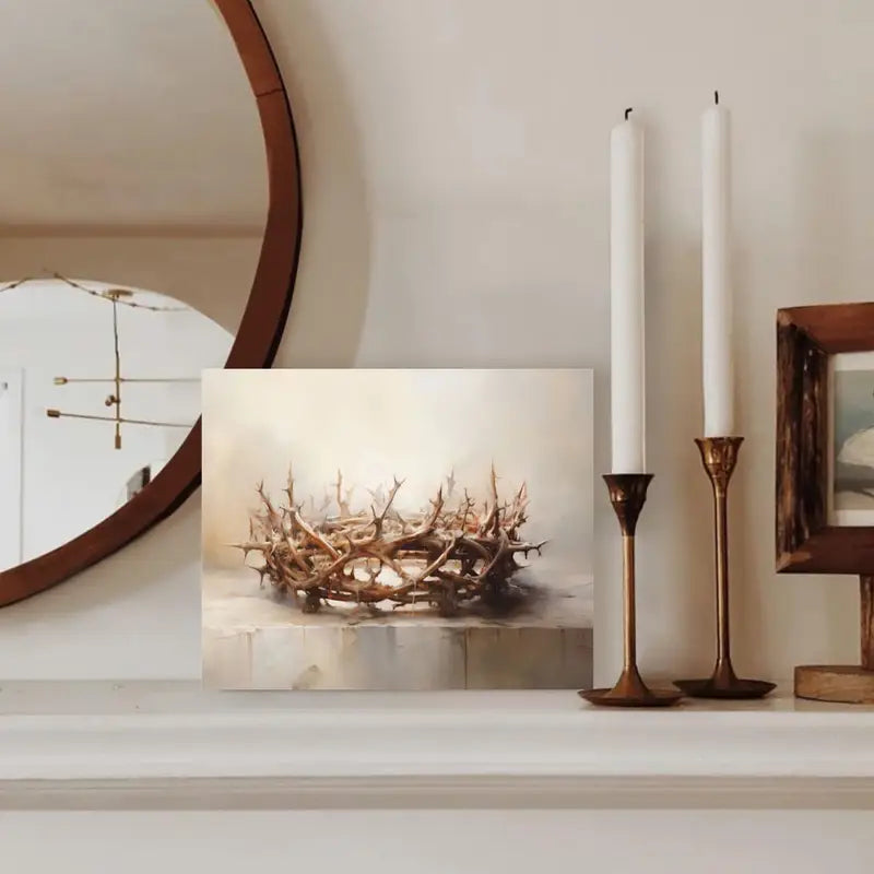 Modern Traditional Style Canvas Art - 11.8x15.7" Crown of Thorns Painting, Wooden Frame, Religious Wall Decor