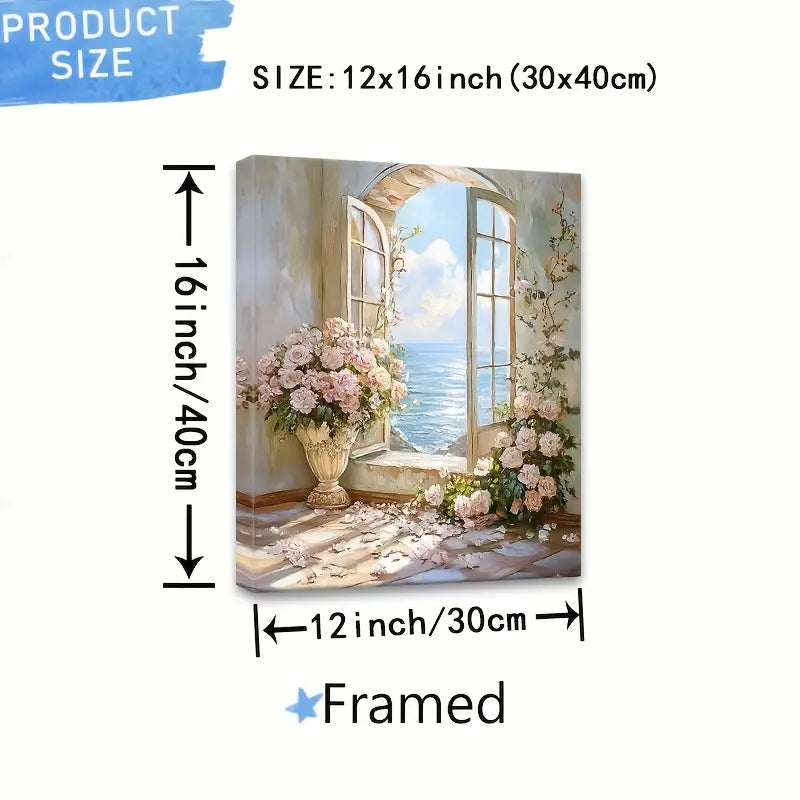 Romantic Seaside Scene with Pink Roses and Ocean View