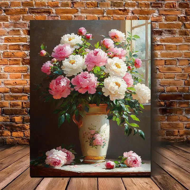Charming Peony Vase Oil Painting Canvas - Wooden Frame