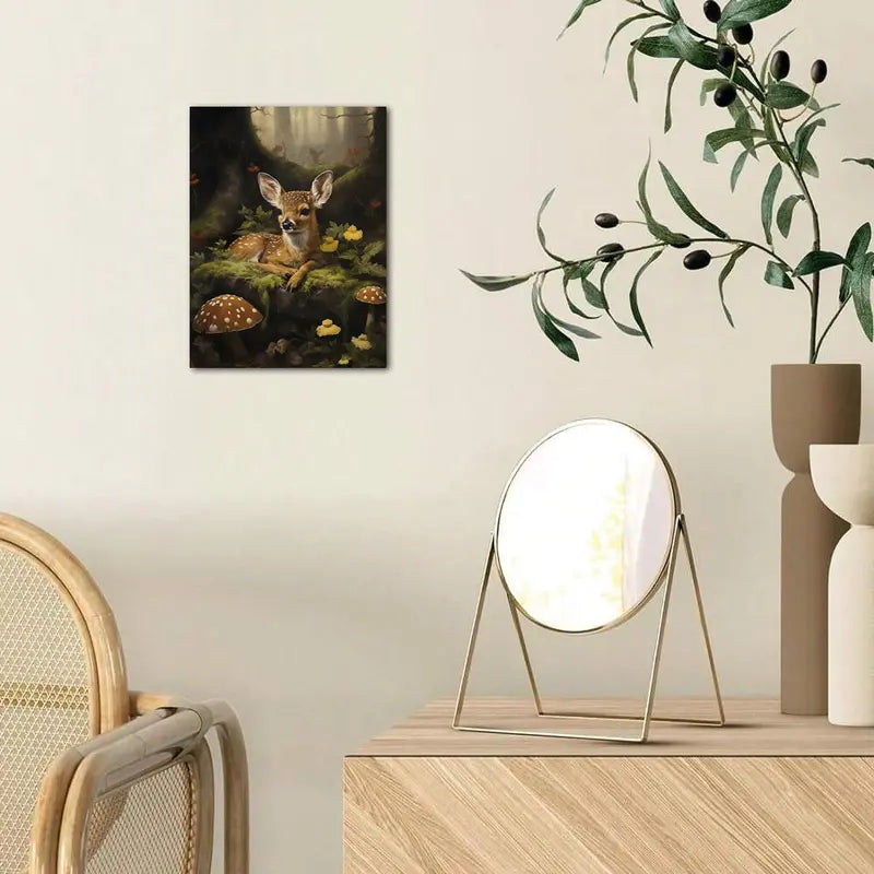 Baby Deer Wall Art with Mushrooms &amp; Wildflowers