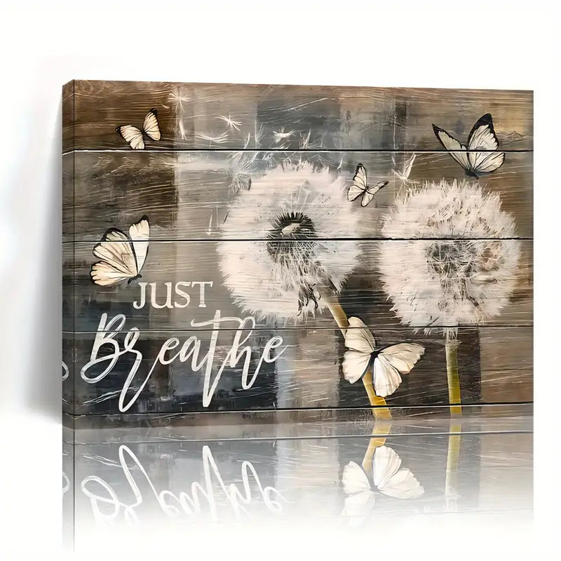 2D Flat Dandelion & Butterfly Canvas Wall Art with "Just Breathe" Quote - Rustic Wood Frame