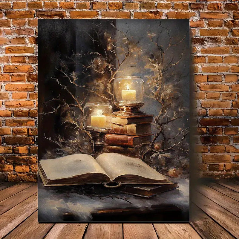 "Winter Book Christmas" Oil Painting with Candles, Books, and Snowy Branches, 11.8x15.7 Inches