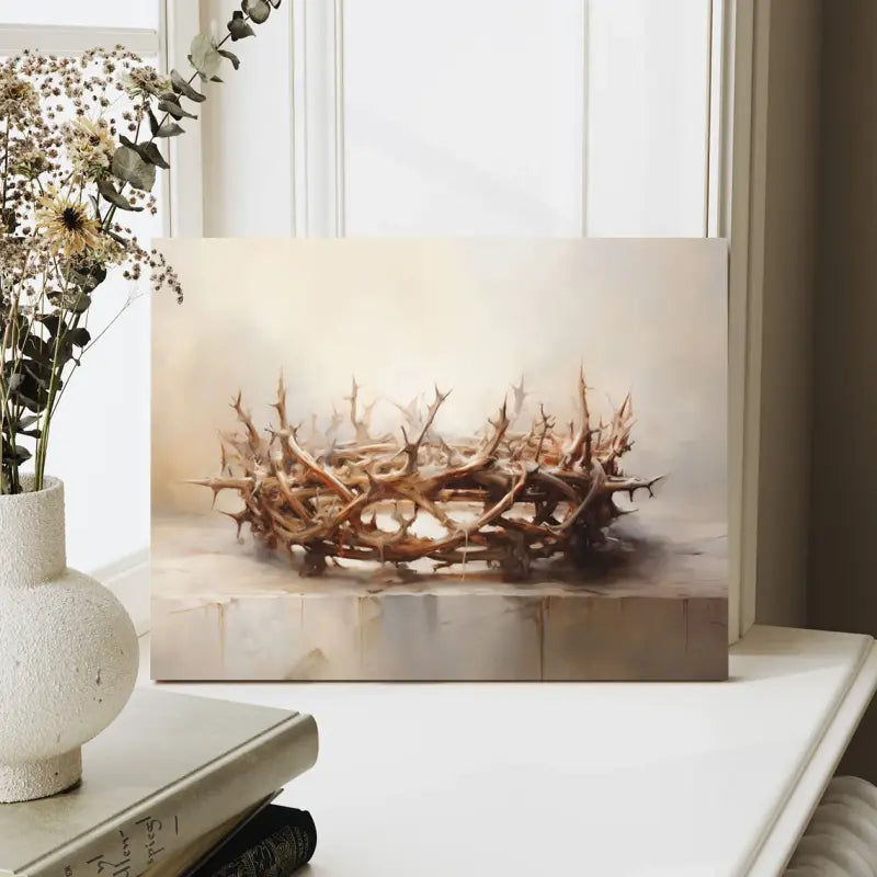Modern Traditional Style Canvas Art - 11.8x15.7" Crown of Thorns Painting, Wooden Frame, Religious Wall Decor