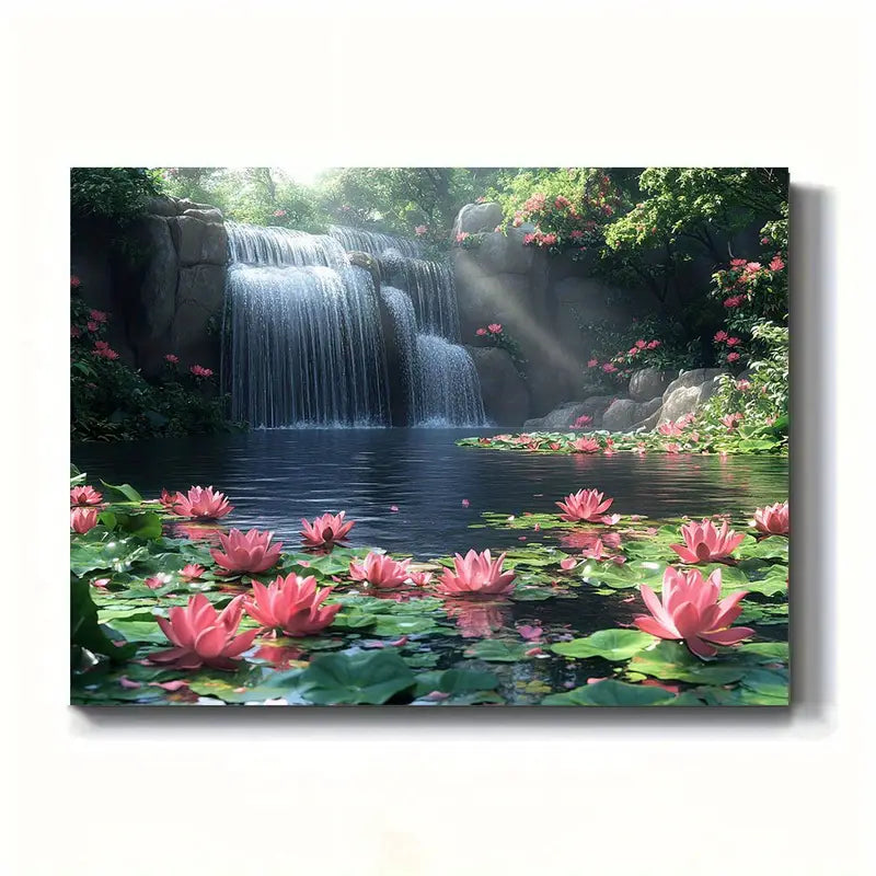 Tranquil Lily Pond Canvas Art with Waterfall and Pink for Lotus