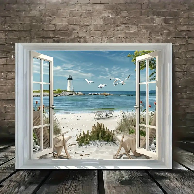 eagulls And Chairs - Framed Seaside Landscape Print