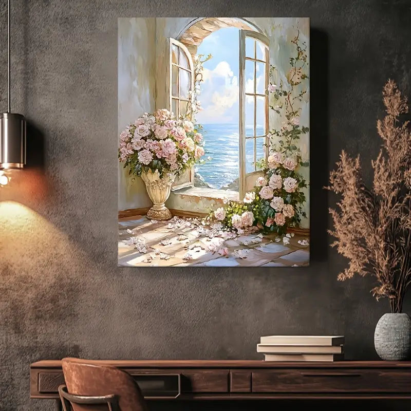 Romantic Seaside Scene with Pink Roses and Ocean View, 12x16 Inch