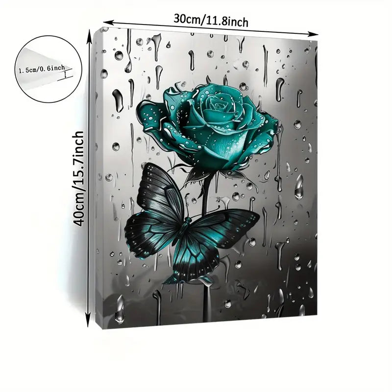 A canvas print of green roses and butterflies