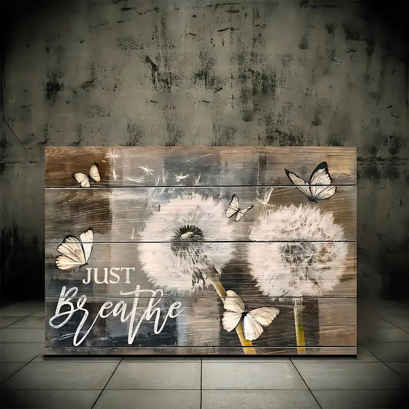 2D Flat Dandelion & Butterfly Canvas Wall Art with "Just Breathe" Quote - Rustic Wood Frame