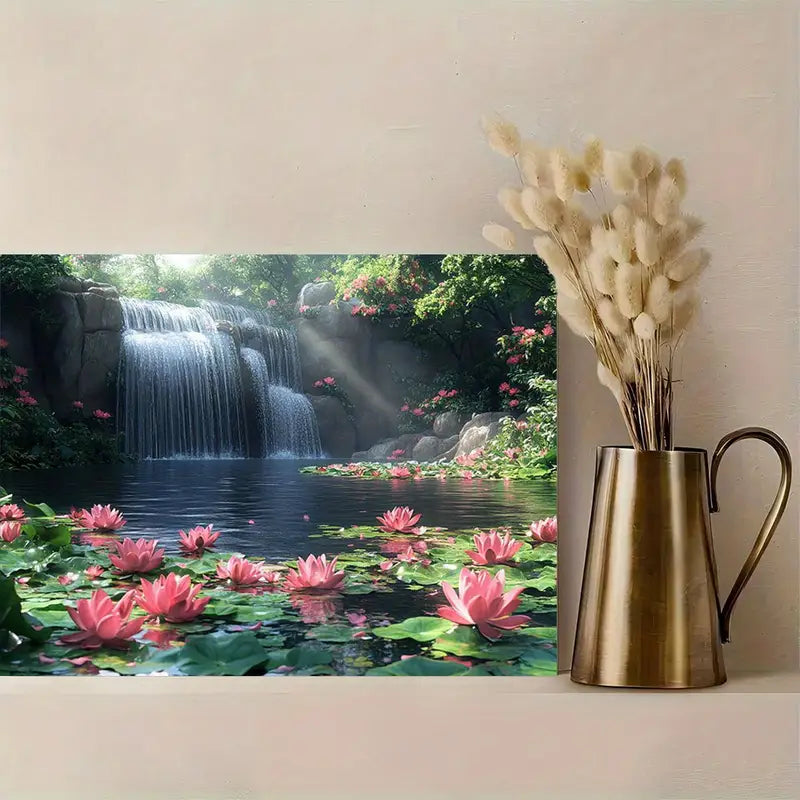 Tranquil Lily Pond Canvas Art with Waterfall and Pink for Lotus