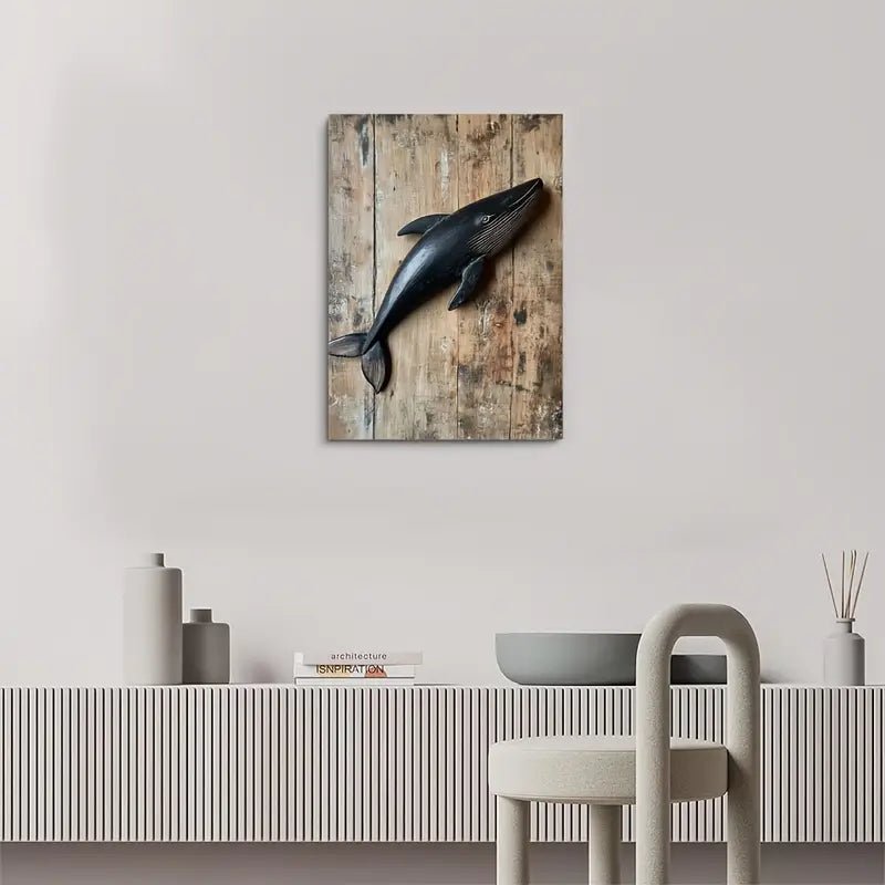 Rustic Wooden Black Whale Canvas Art Print