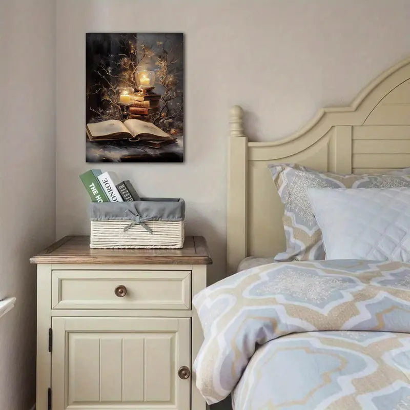 "Winter Book Christmas" Oil Painting with Candles, Books, and Snowy Branches, 11.8x15.7 Inches