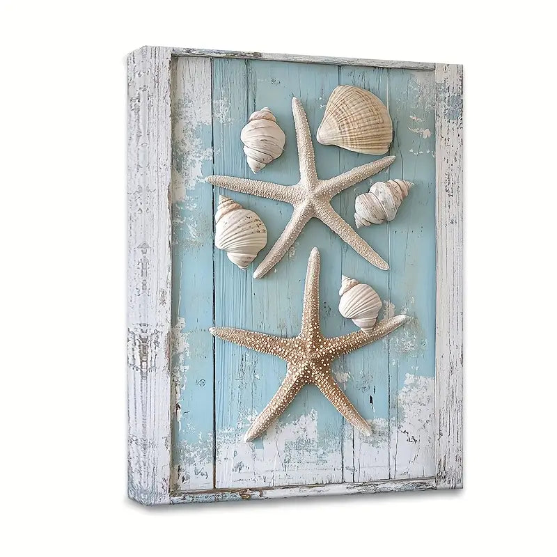 Themed Artwork Featuring Starfish And Shells Set Against a Light Blue,12*16 Inches