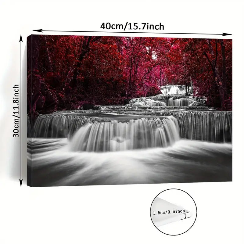 2D Flat Burgundy Waterfall with Red Leaves Canvas Art