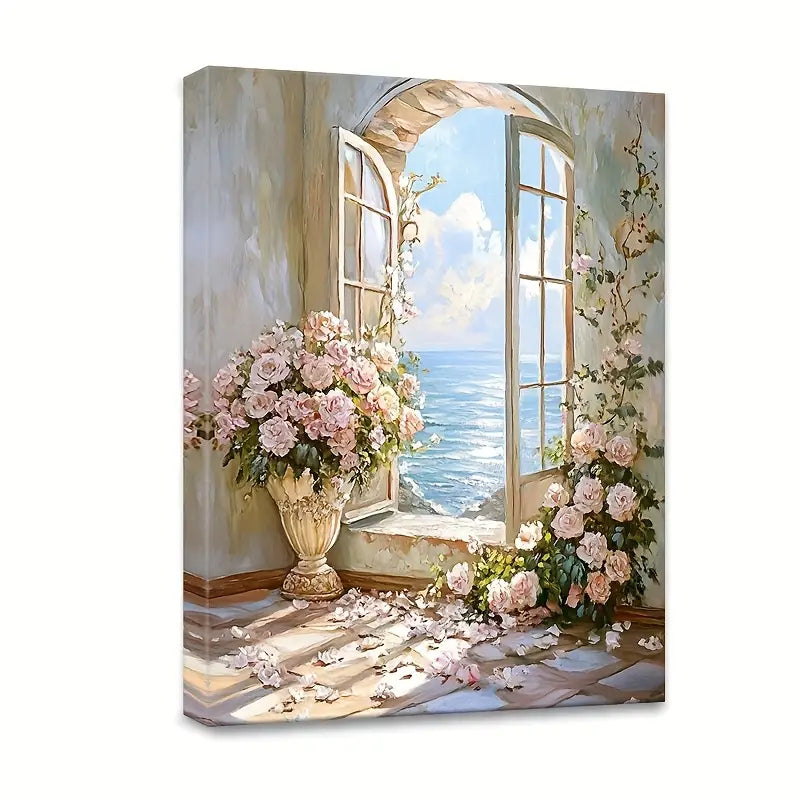Romantic Seaside Scene with Pink Roses and Ocean View