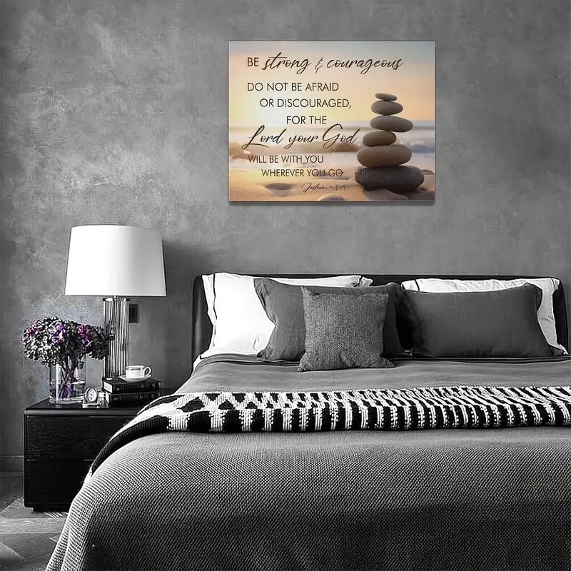 Zen Stones Sunrise Beach Scene - Joshua 1:9 Bible Verse Canvas Print