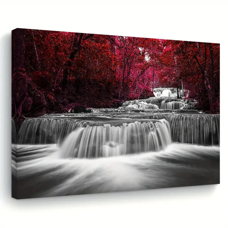 2D Flat Burgundy Waterfall with Red Leaves Canvas Art