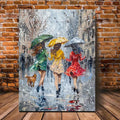 'Three Women Dancing in the Rain' - 11.8x15.7 Inches, Vibrant Oil Painting Style, Umbrella &amp; Dog Accents