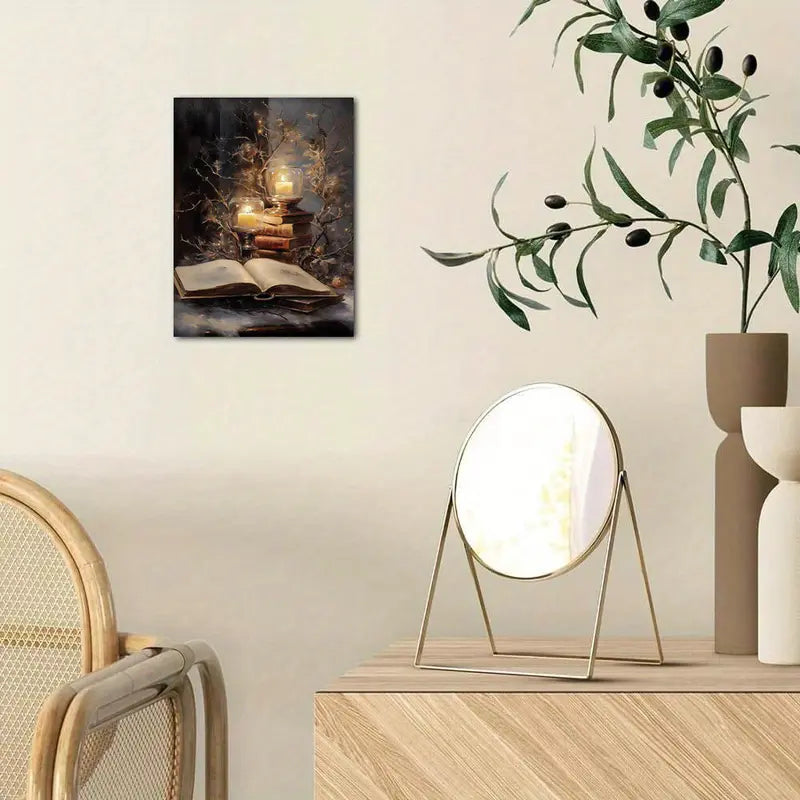 "Winter Book Christmas" Oil Painting with Candles, Books, and Snowy Branches, 11.8x15.7 Inches