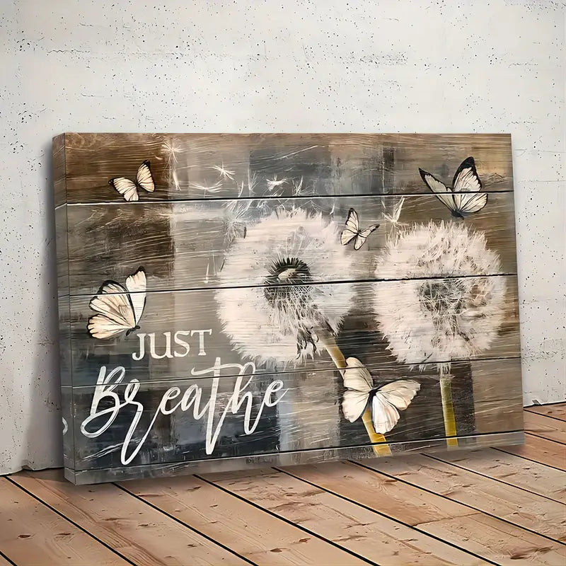 2D Flat Dandelion & Butterfly Canvas Wall Art with "Just Breathe" Quote - Rustic Wood Frame