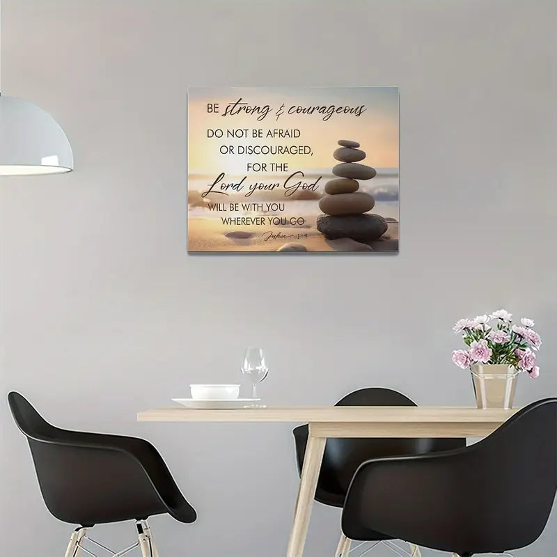 Zen Stones Sunrise Beach Scene - Joshua 1:9 Bible Verse Canvas Print