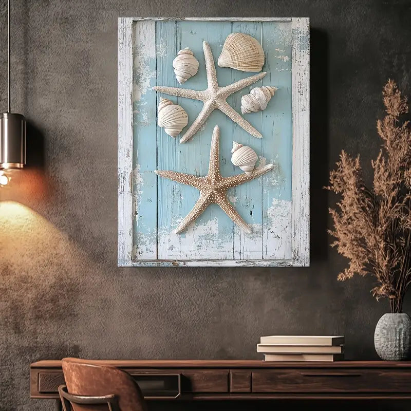 Themed Artwork Featuring Starfish And Shells Set Against a Light Blue,12*16 Inches