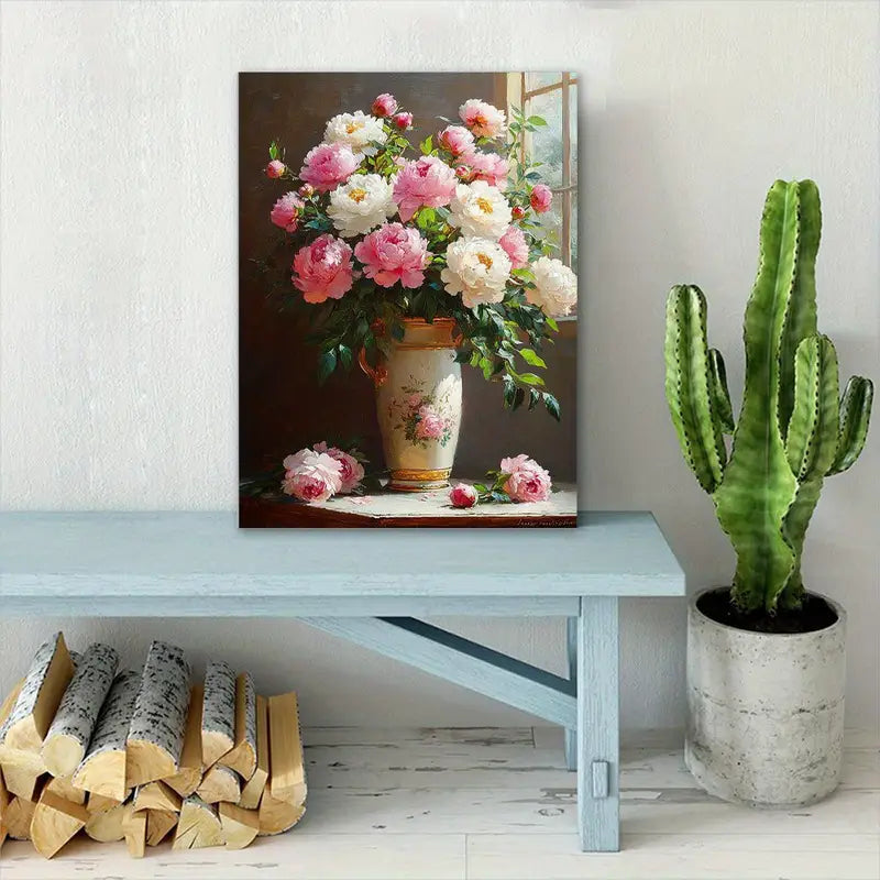 Charming Peony Vase Oil Painting Canvas - Wooden Frame