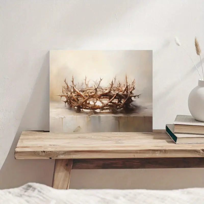 Modern Traditional Style Canvas Art - 11.8x15.7" Crown of Thorns Painting, Wooden Frame, Religious Wall Decor