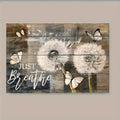 2D Flat Dandelion & Butterfly Canvas Wall Art with "Just Breathe" Quote - Rustic Wood Frame