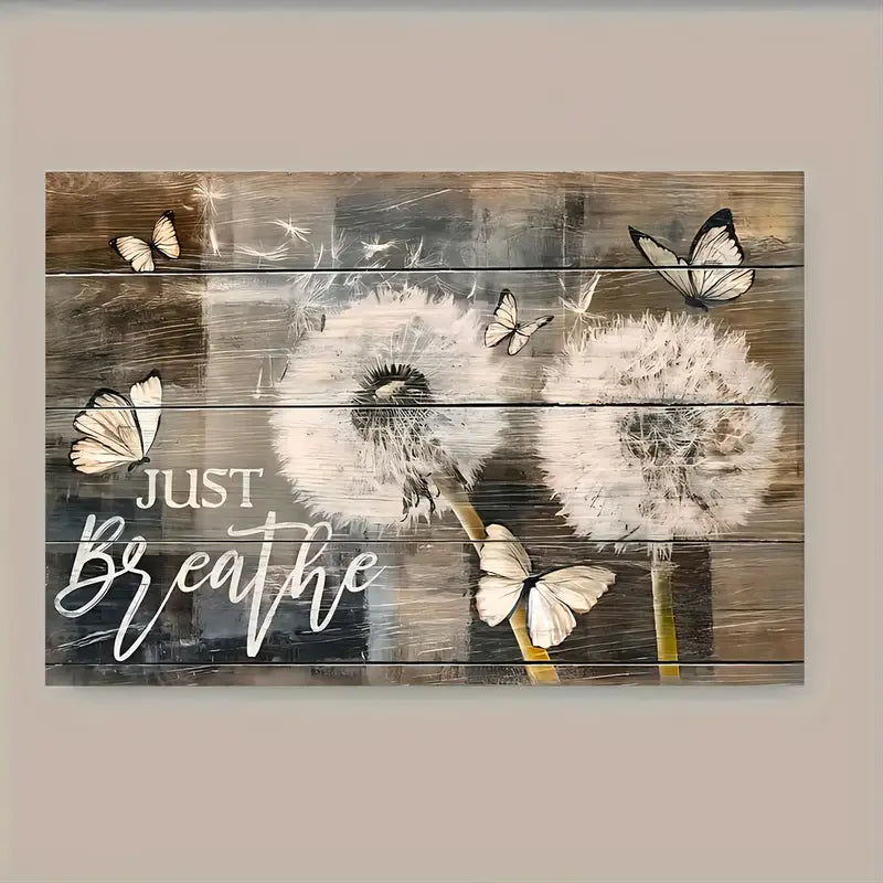 2D Flat Dandelion & Butterfly Canvas Wall Art with "Just Breathe" Quote - Rustic Wood Frame