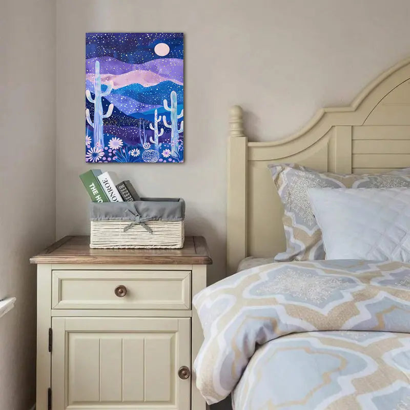 Midnight Desert Cactus & Wildflowers Canvas