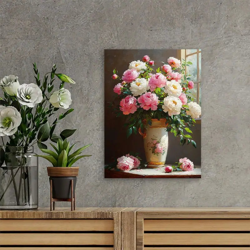 Charming Peony Vase Oil Painting Canvas - Wooden Frame