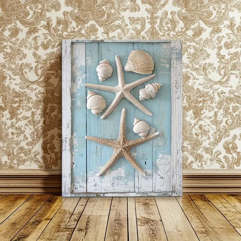 Themed Artwork Featuring Starfish And Shells Set Against a Light Blue,12*16 Inches
