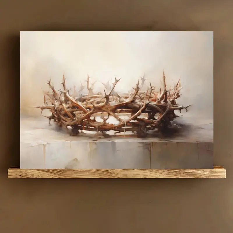 Modern Traditional Style Canvas Art - 11.8x15.7" Crown of Thorns Painting, Wooden Frame, Religious Wall Decor